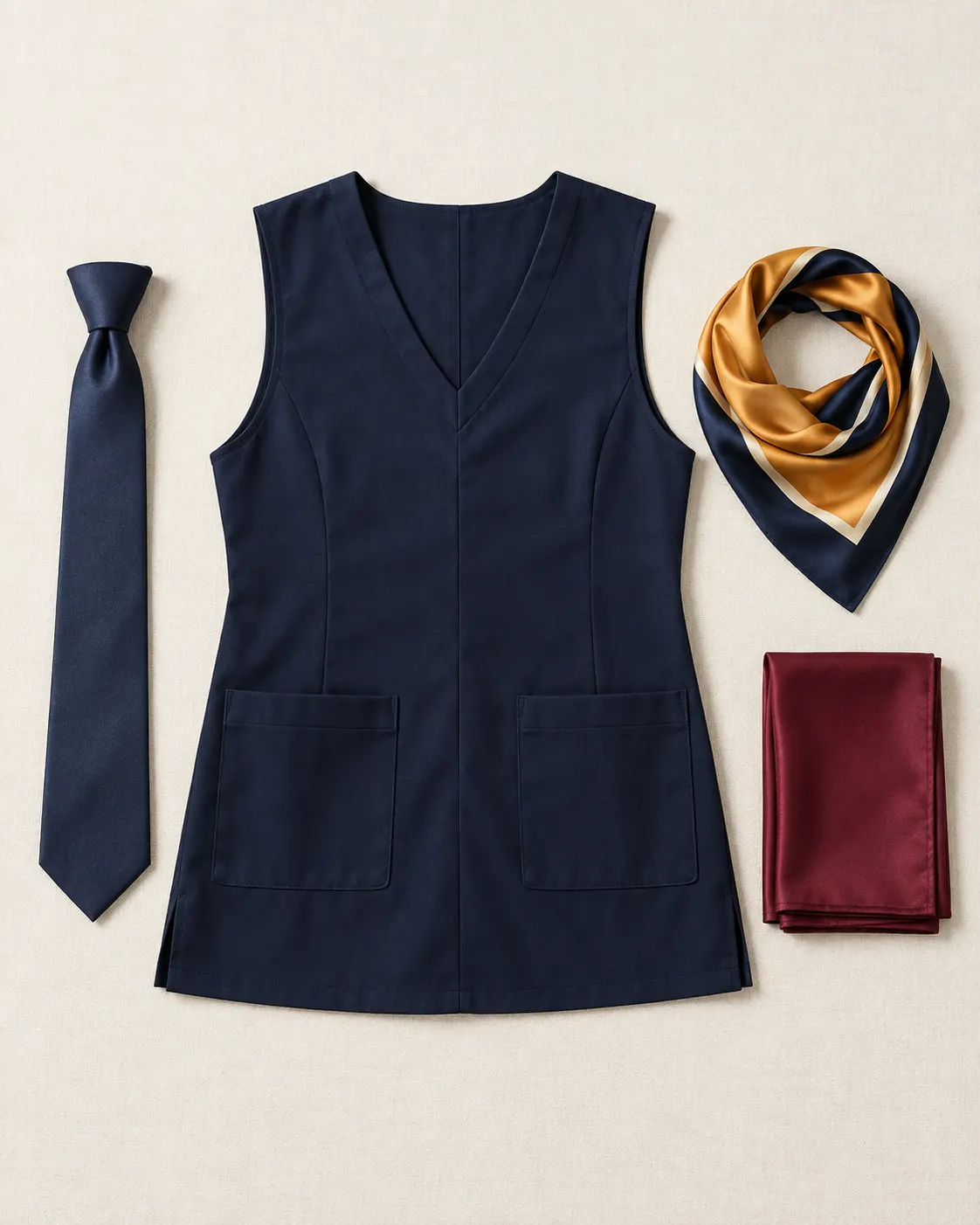 Corbata azul marino, gabacha azul marino con escote en V y bolsas, pañoleta ámbar y azul, y mascada vino doblada