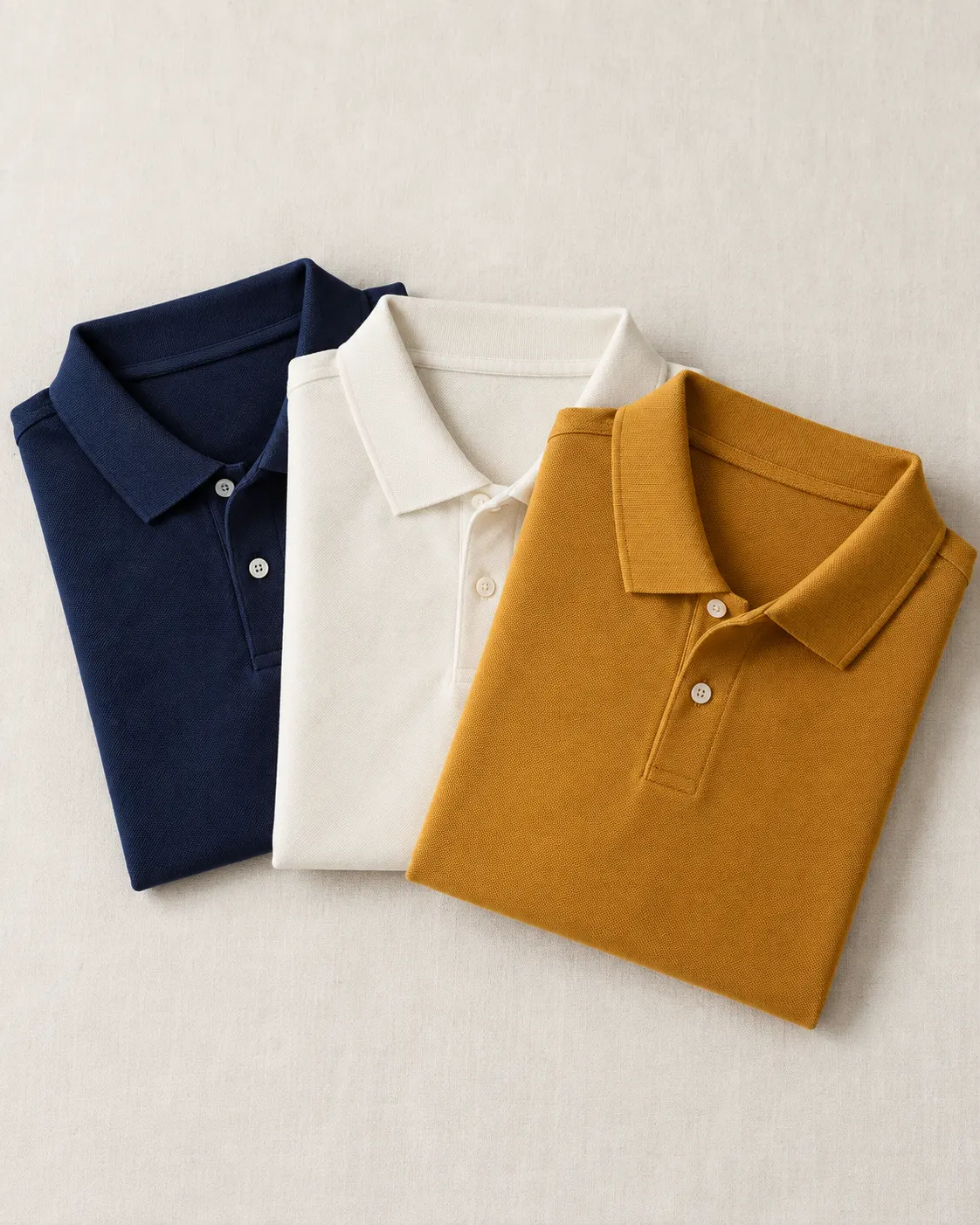 Polos de piqué azul marino, blanco y ámbar doblados en abanico