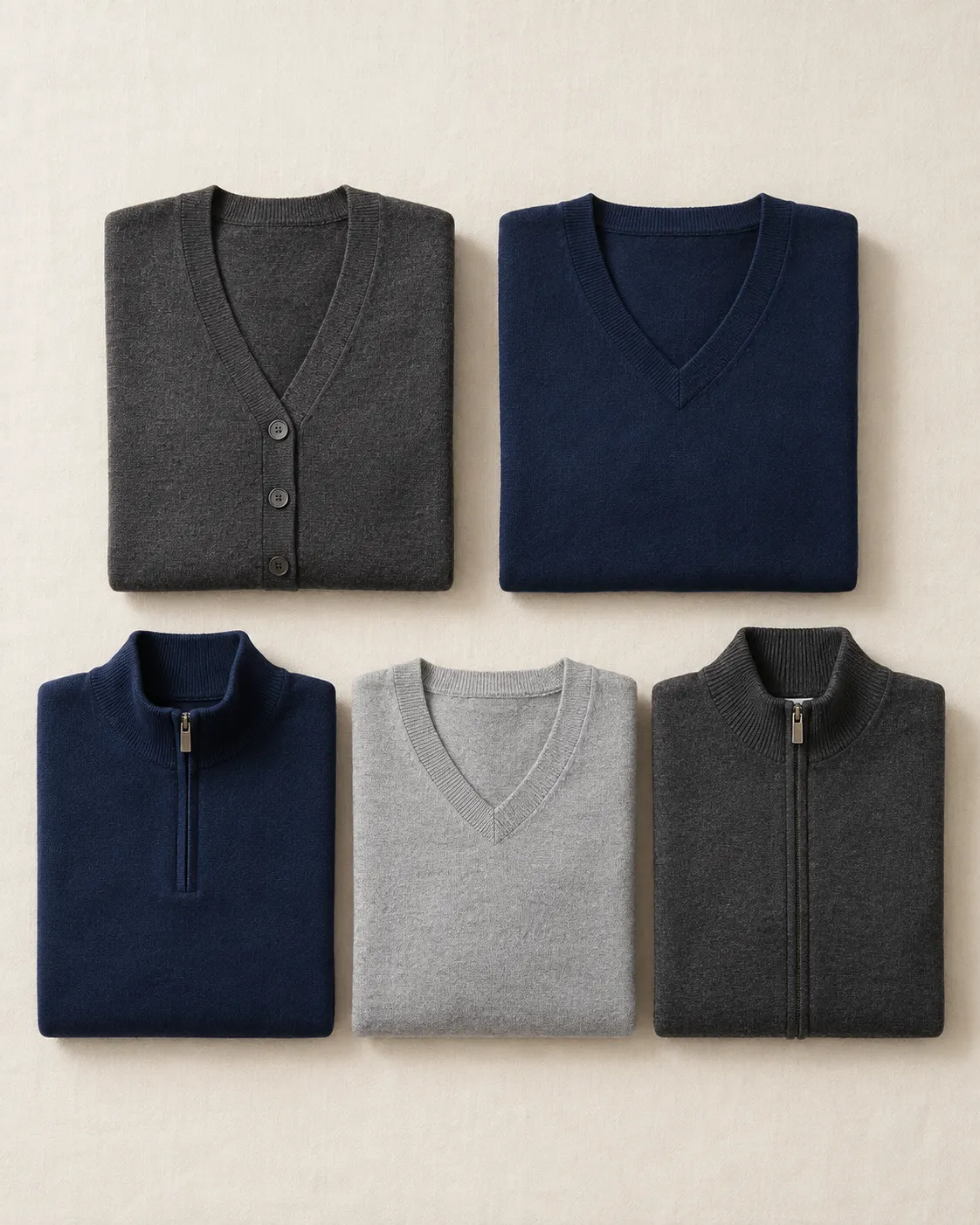 Cárdigan gris carbón, suéter tejido azul marino de cuello V, medio zipper azul marino, cuello V gris claro y zipper completo gris carbón, doblados en cuadrícula