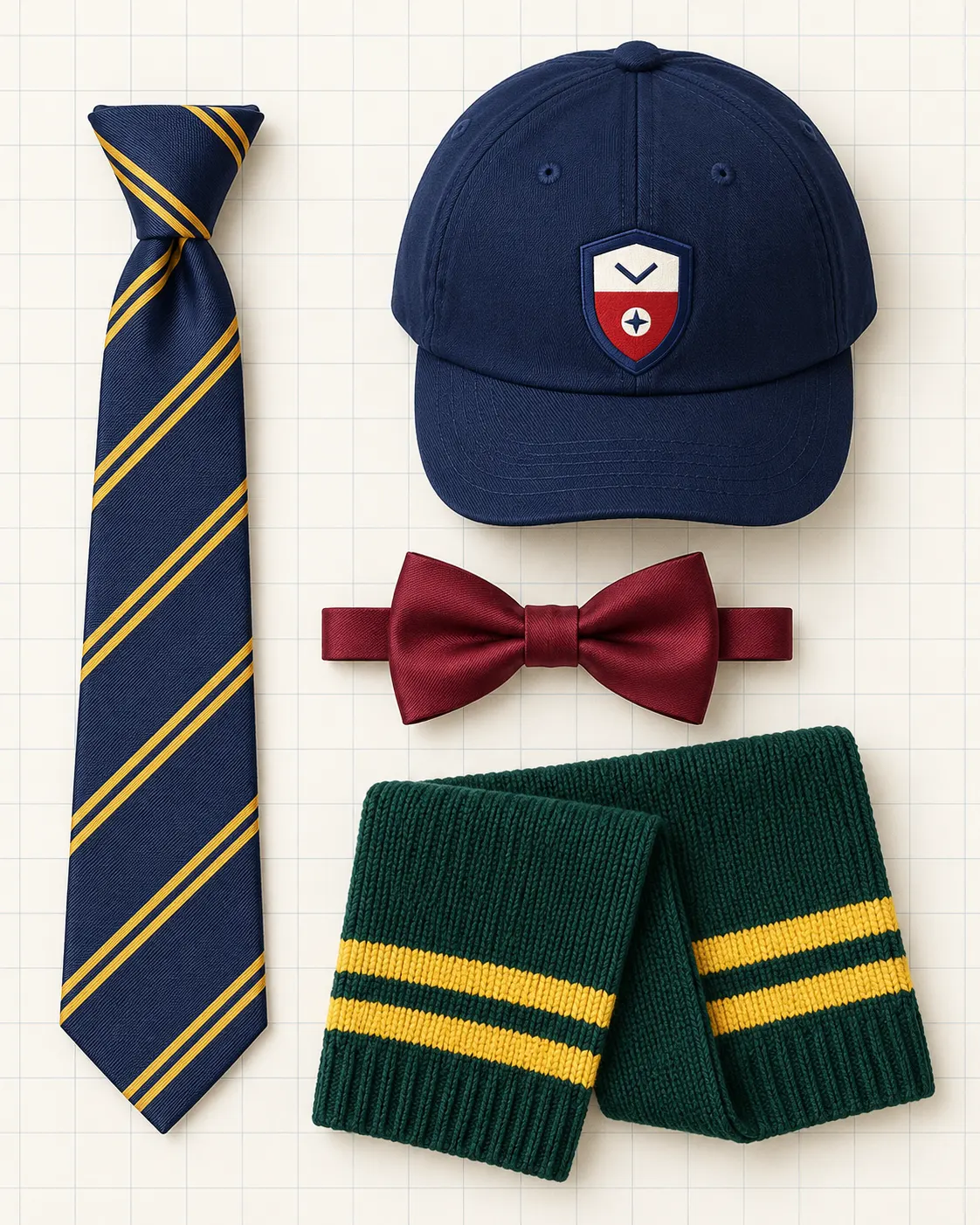 Accesorios escolares: corbata con franjas, moño, gorra deportiva y bufanda
