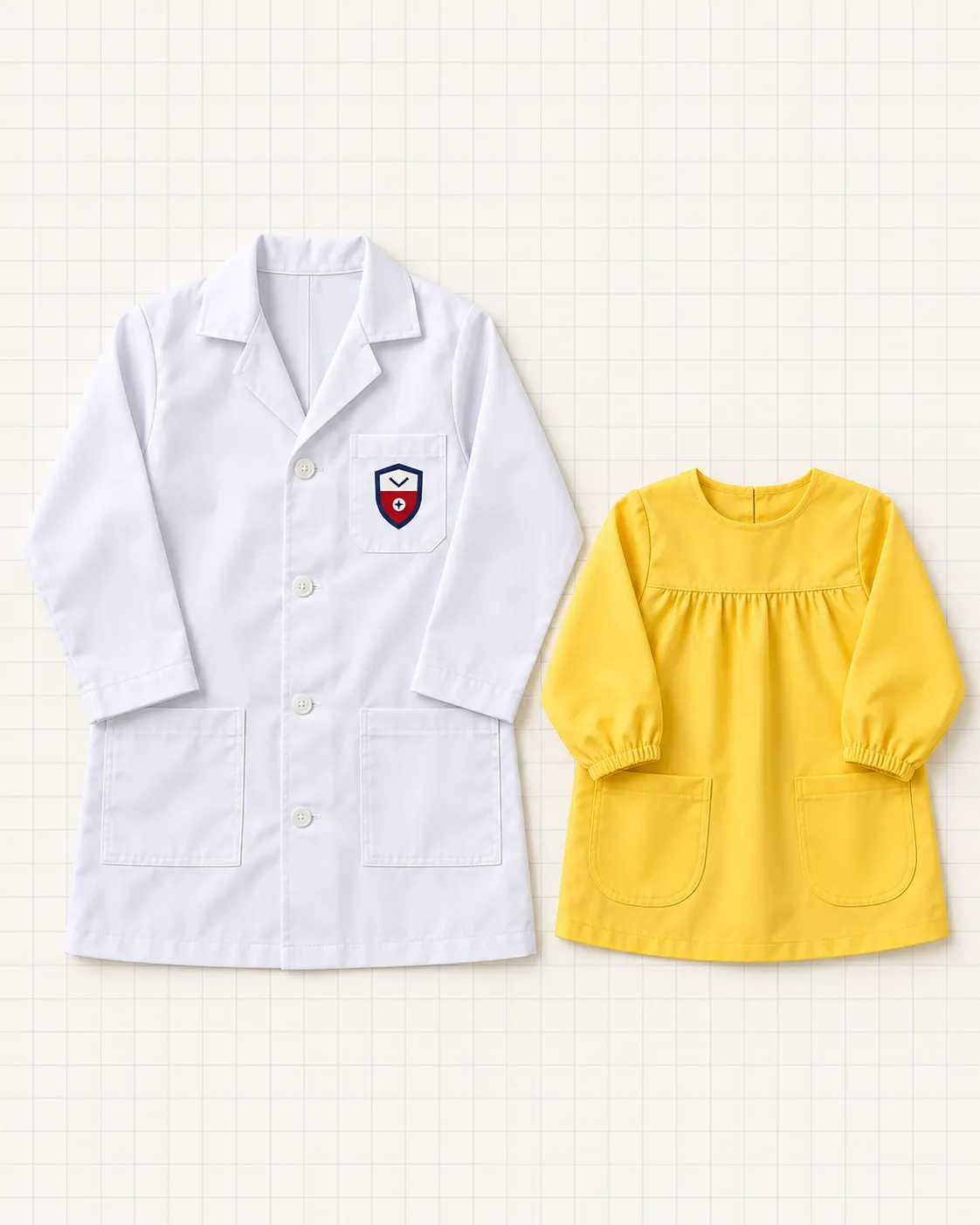 Bata de laboratorio blanca y gabacha de preprimaria amarilla sobre papel cuadriculado