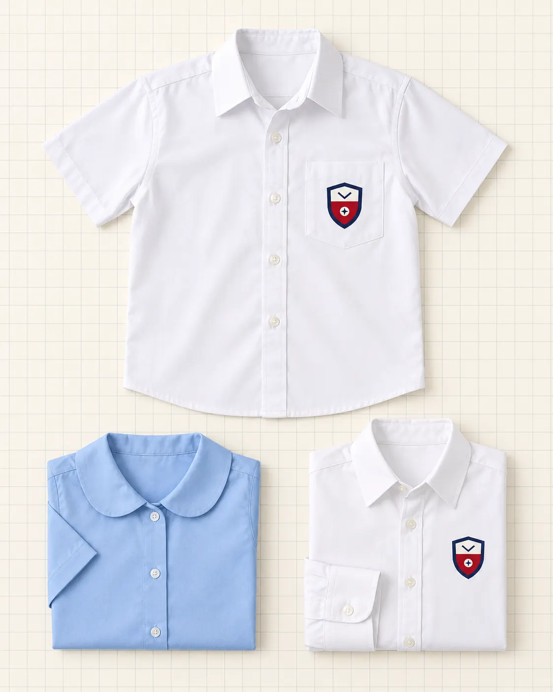 Camisas y blusas escolares blancas y celestes dobladas sobre papel cuadriculado