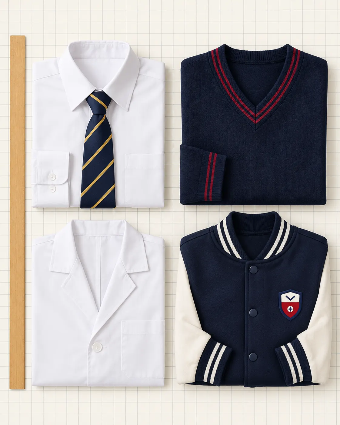 Uniforme de diversificado: camisa de manga larga, corbata, suéter cuello V, bata de laboratorio y chumpa de promoción