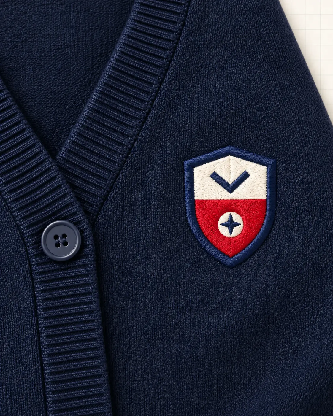 Cárdigan escolar azul marino, detalle de escudo