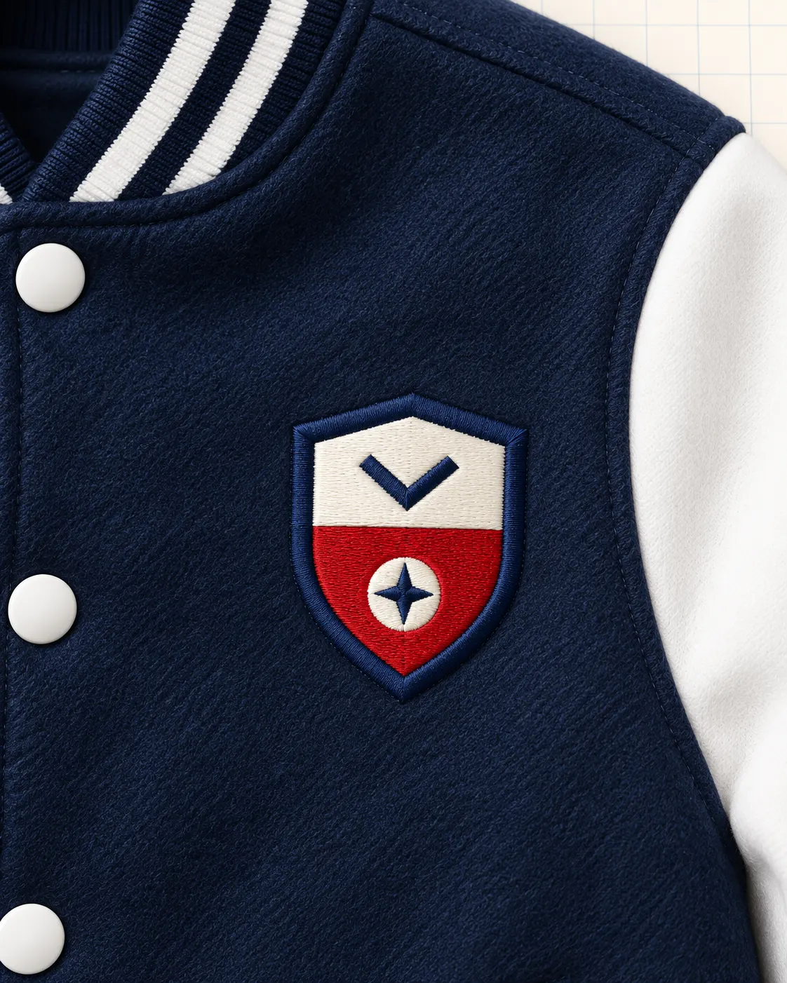 Chumpa de promoción azul marino, detalle de escudo o emblema