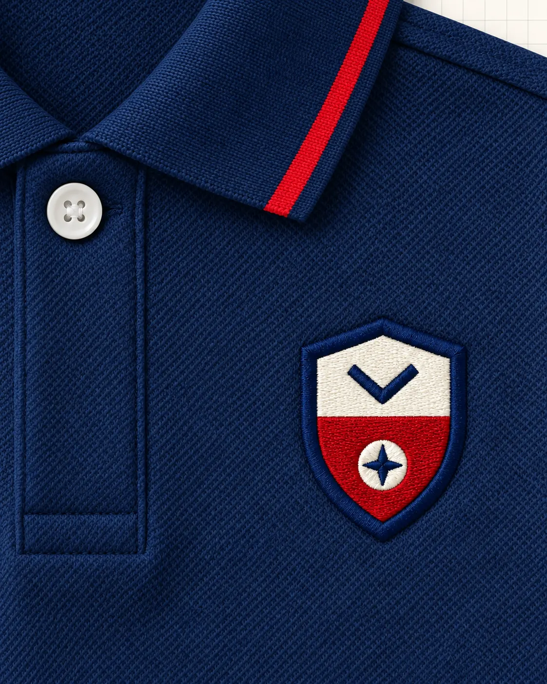 Polo escolar con escudo azul marino, detalle de escudo bordado
