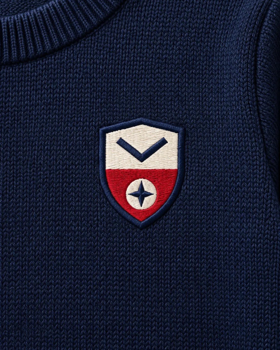 Suéter cuello redondo azul marino, detalle de escudo