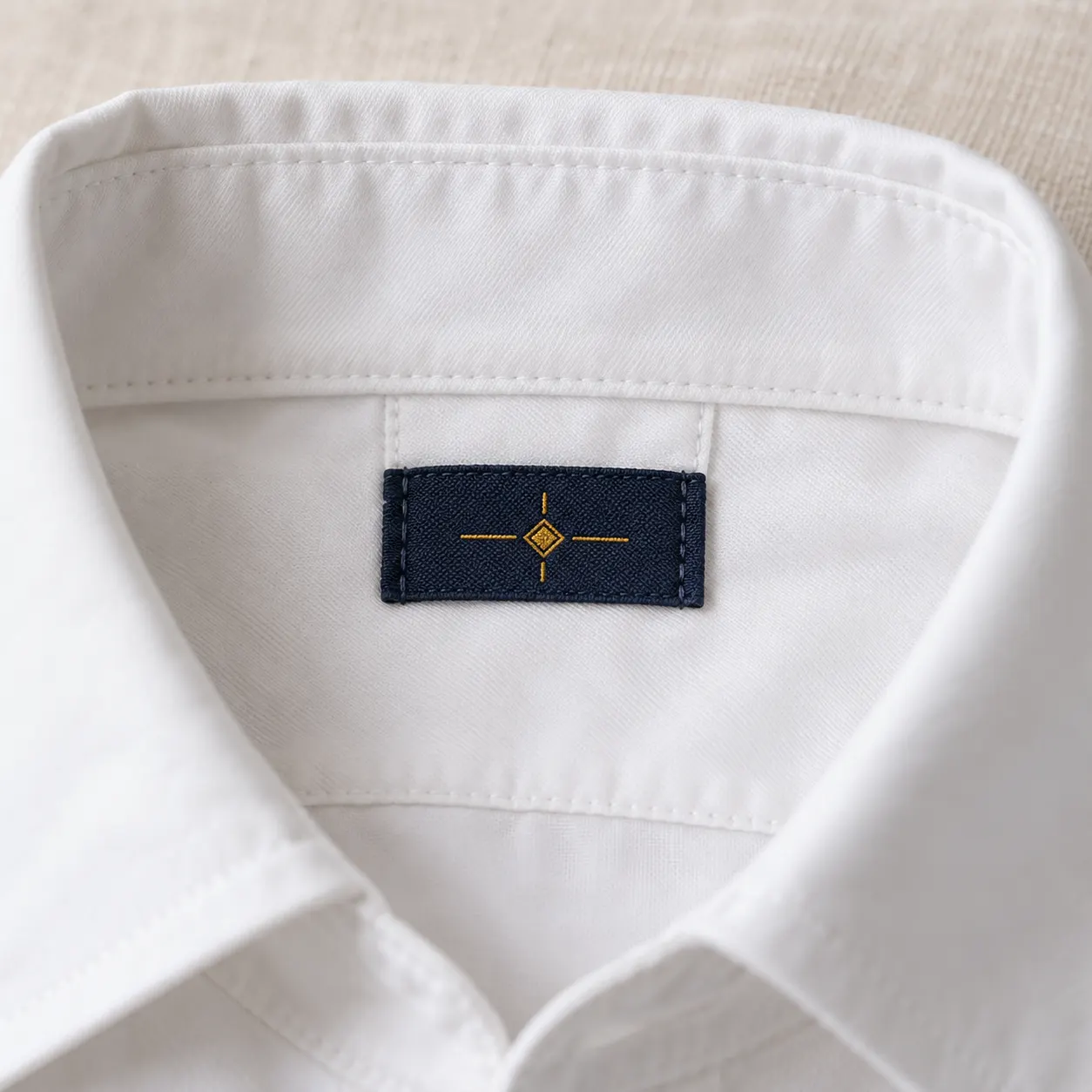 Etiqueta tejida azul marino con emblema ámbar cosida en el cuello interior de una camisa blanca
