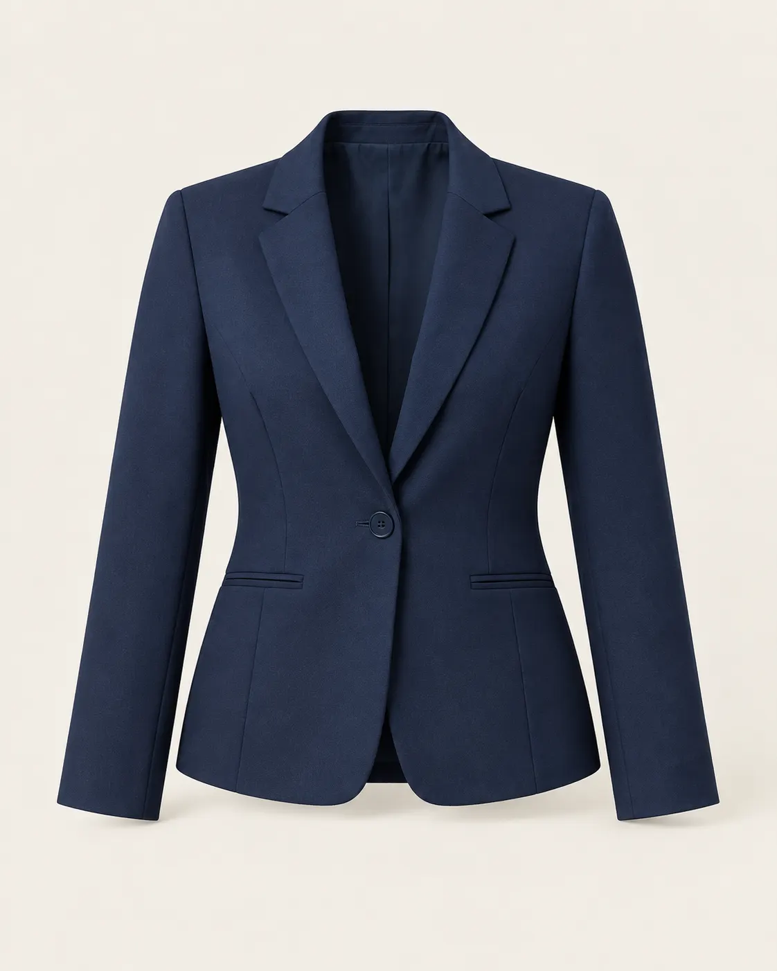 Blazer de dama azul marino con solapa de muesca y un botón, vista frontal