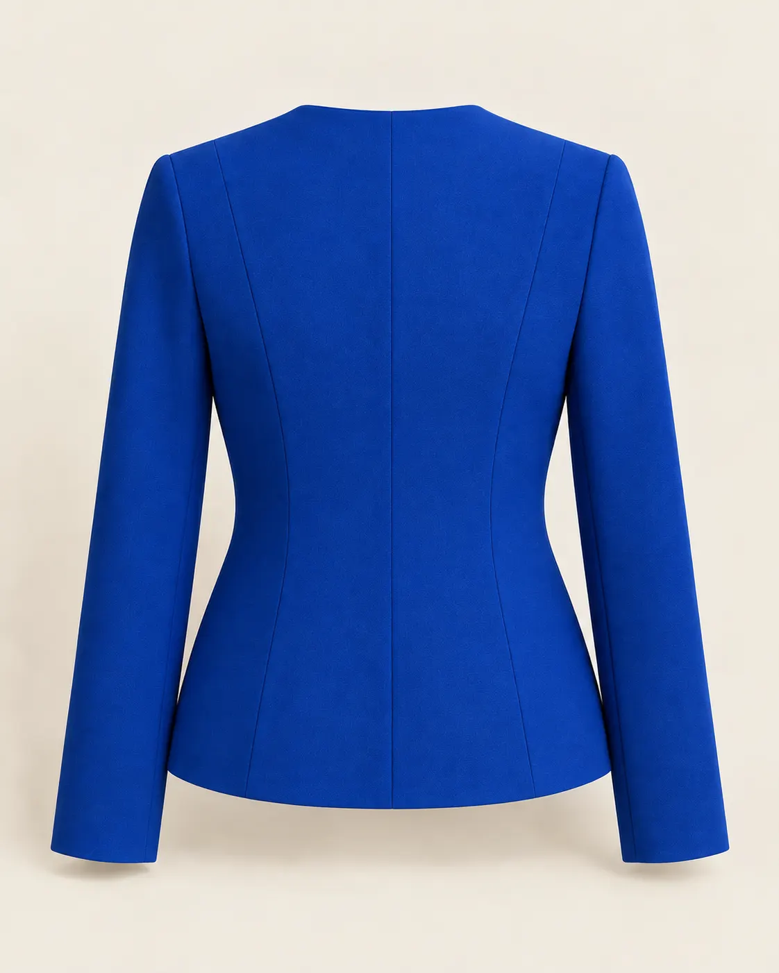 Blazer dama sin solapa azul rey, vista de espalda