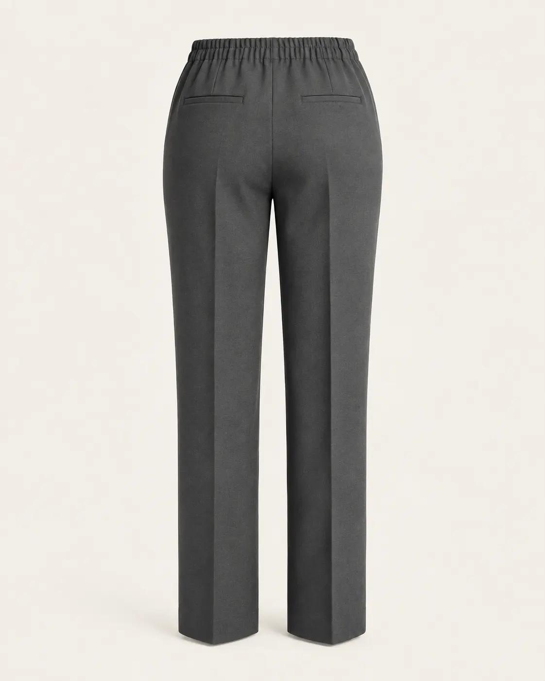 Pantalón dama confort, pretina elástica gris carbón, vista de espalda