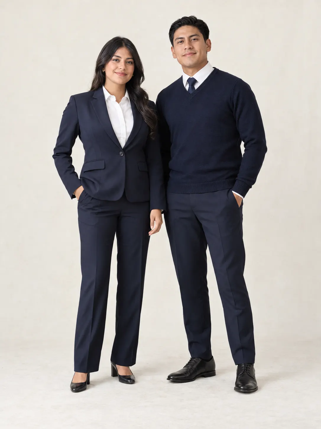 Mujer con blazer azul marino, blusa blanca y pantalón recto; hombre con suéter tejido azul marino de cuello V, camisa blanca y corbata