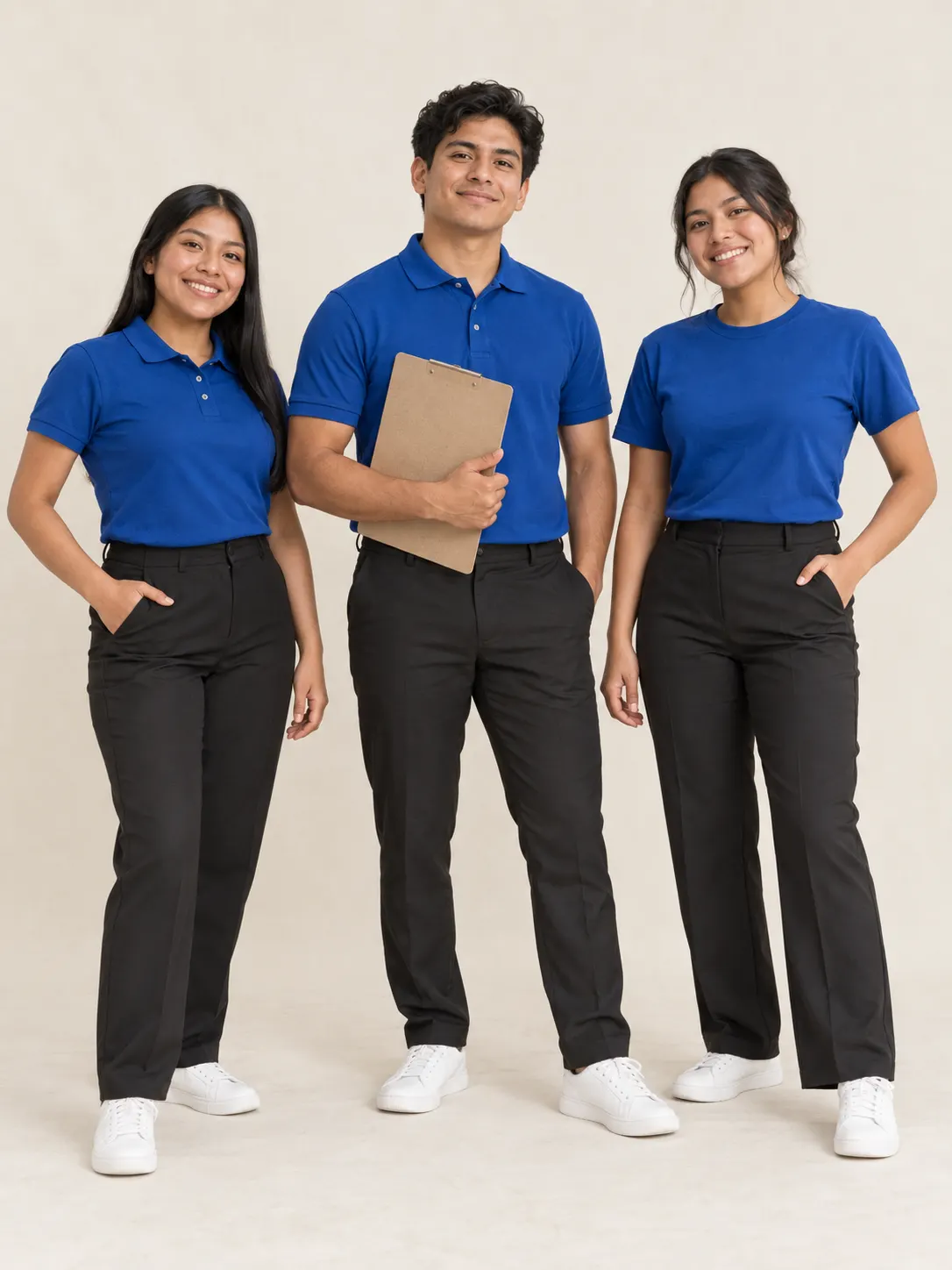 Tres jóvenes del staff de un evento con polos y playera azul rey, pantalón negro y tenis blancos; uno sostiene un portapapeles