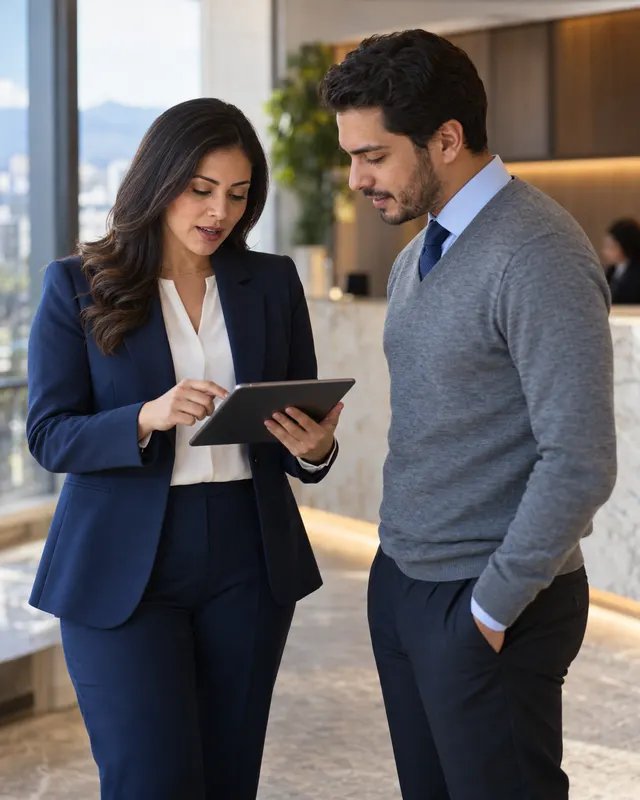 Uniformes corporativos: ejecutiva con blazer y colega con camisa, corbata y suéter de punto en la oficina
