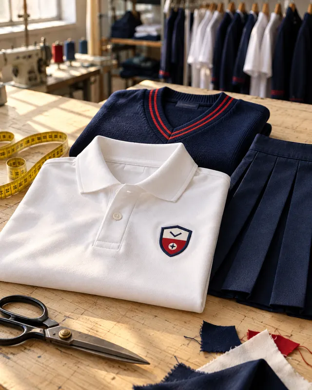 Uniforme escolar recién confeccionado en el taller: polo con escudo bordado, suéter con franjas y falda tableada